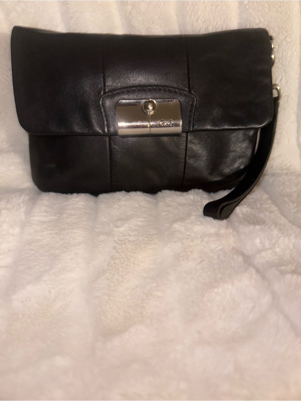 Coach Black Leather Wristlet Clutch with Silver Hardware
